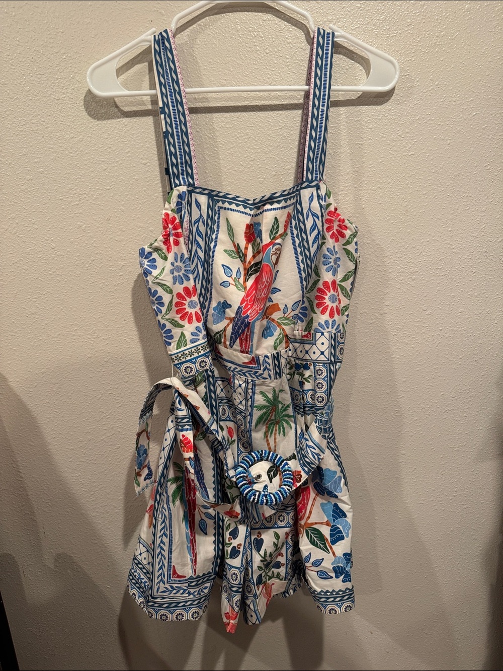 FARM Rio Tropical Parrot Print Romper in Blue, Red, Green